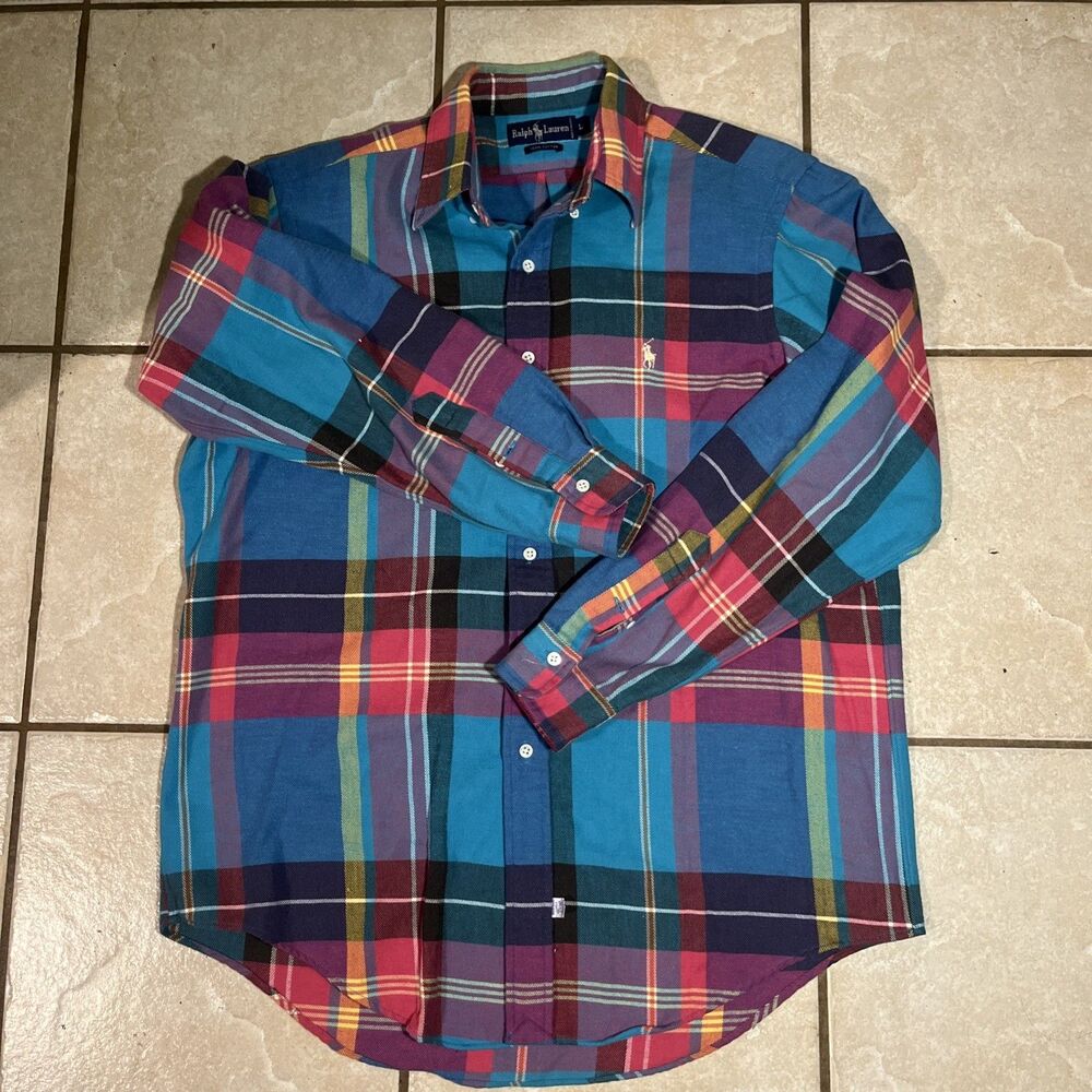 Vintage 90s Ralph Lauren Pastel Madras Plaid Shirt Mens Oversized L Button Up